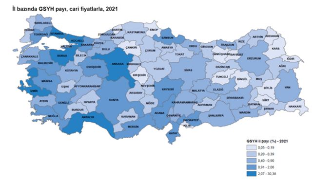 TÜİK'in hazırladığı bu haritada renkler koyulaştıkça GSYH'den alınan pay artıyor