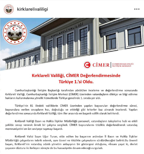 Kırklareli Valiliği, CİMER değerlendirmesinde Türkiye 1'incisi oldu Haberi  hurfikir.com.tr Güncel bilgi ve dökümanlar, haber, resim galerisi, bilgi  bankası sosyal portal